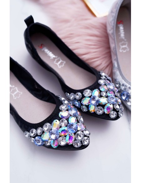 Leather Ballerinas with Stones Black Crystal