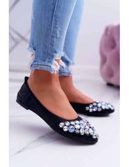 Leather Ballerinas with Stones Black Crystal