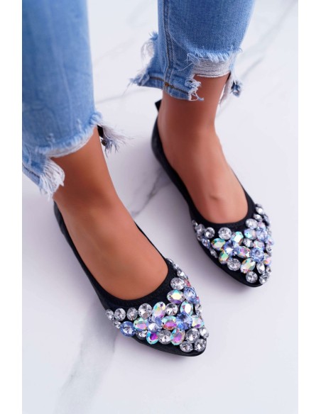 Leather Ballerinas with Stones Black Crystal