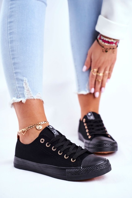 Women's Classic Sneakers Black with Gold Eyelets Ecoma