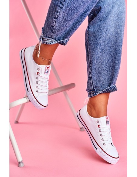 Women's Classic White Sneakers With Red Trim Ecoma