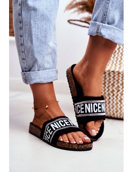 Slippers On Cork Sole With Cubic Zirconia Black Be Nice