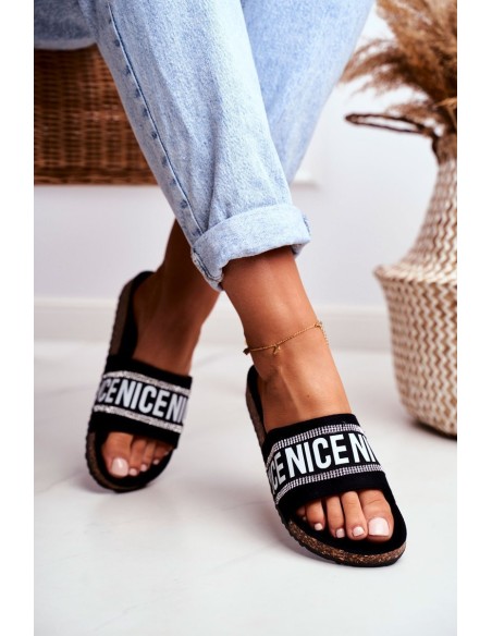 Slippers On Cork Sole With Cubic Zirconia Black Be Nice