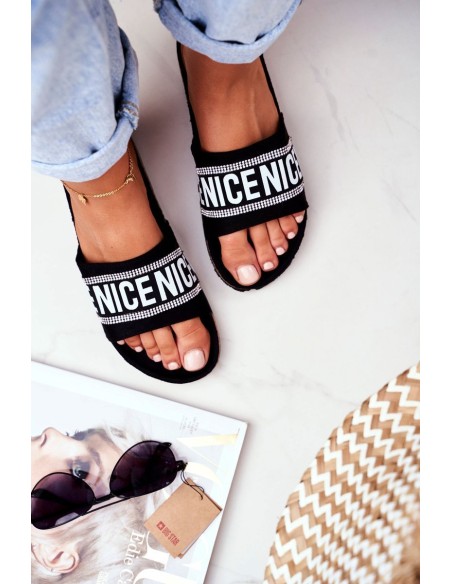 Slippers On Cork Sole With Cubic Zirconia Black Be Nice