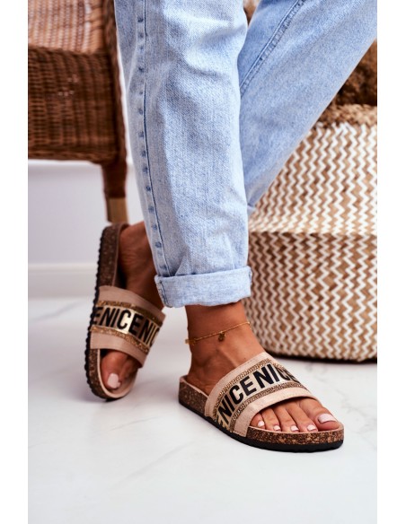 Slippers On Cork Sole With Cubic Zirconia Beige Be Nice