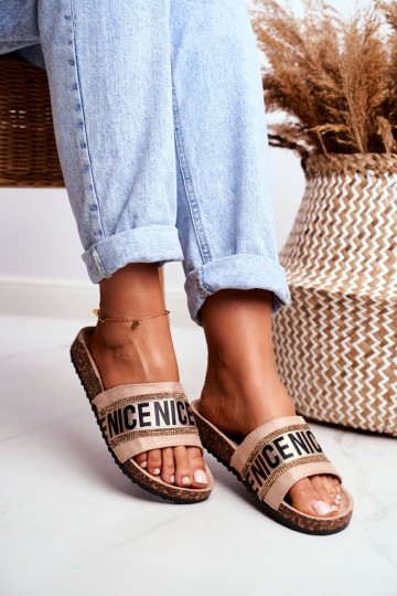 Slippers On Cork Sole With Cubic Zirconia Beige Be Nice 2