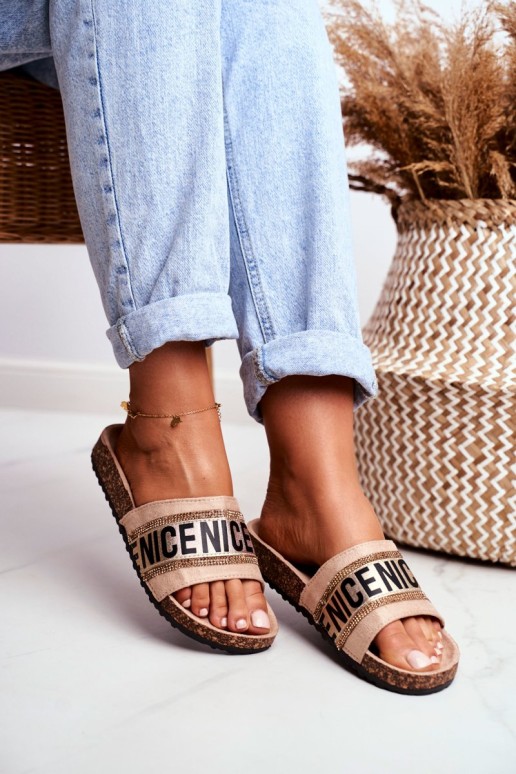 Slippers On Cork Sole With Cubic Zirconia Beige Be Nice