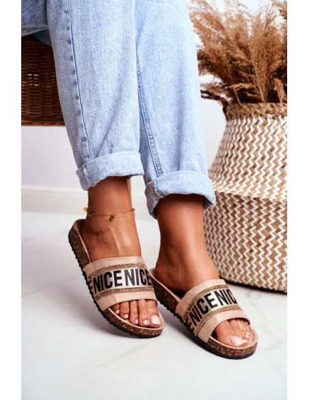 Slippers On Cork Sole With Cubic Zirconia Beige Be Nice