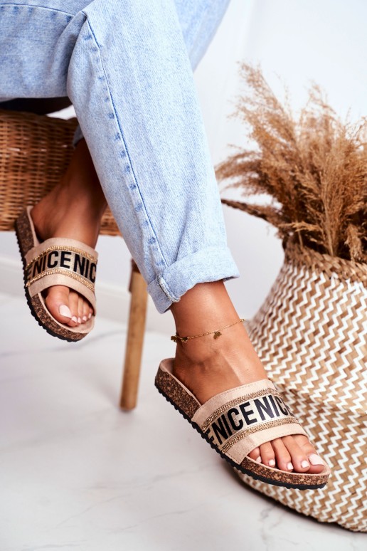 Šlepetės ant kamštinio pado su cirkoniais smėlio spalvos Be Nice