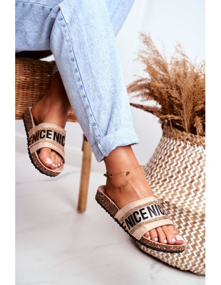 Slippers On Cork Sole With Cubic Zirconia Beige Be Nice