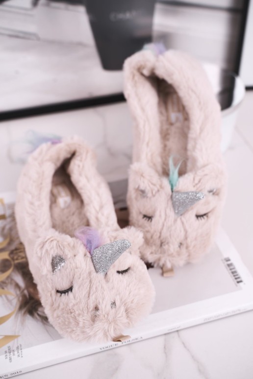 Women's Slippers With Fur Unicorn Beige Rainbow