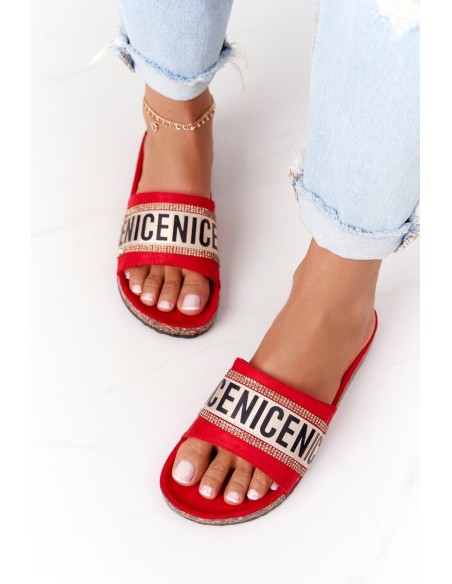 Slippers On Cork Sole With Cubic Zirconia Red Be Nice