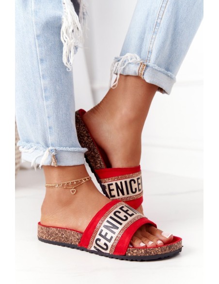 Slippers On Cork Sole With Cubic Zirconia Red Be Nice