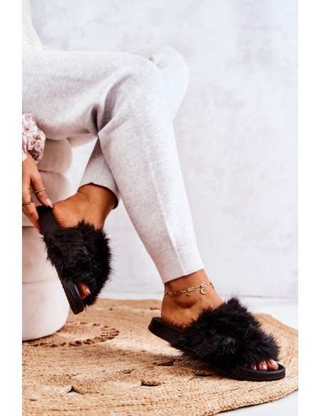 Slippers With Fur Rubber Black Pollie