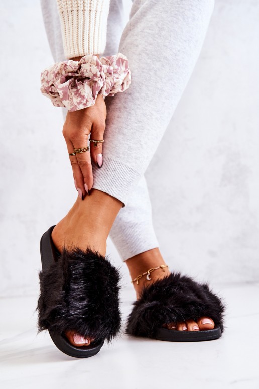 Slippers With Fur Rubber Black Pollie