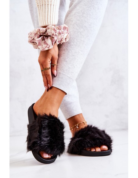 Slippers With Fur Rubber Black Pollie