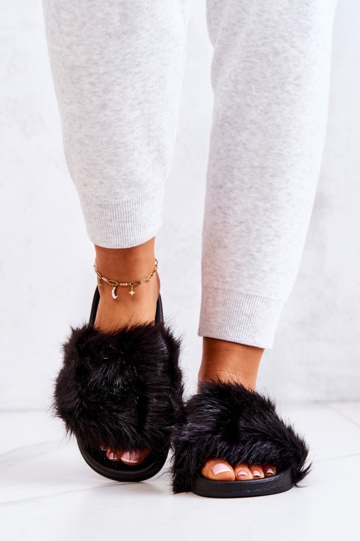 Slippers With Fur Rubber Black Pollie