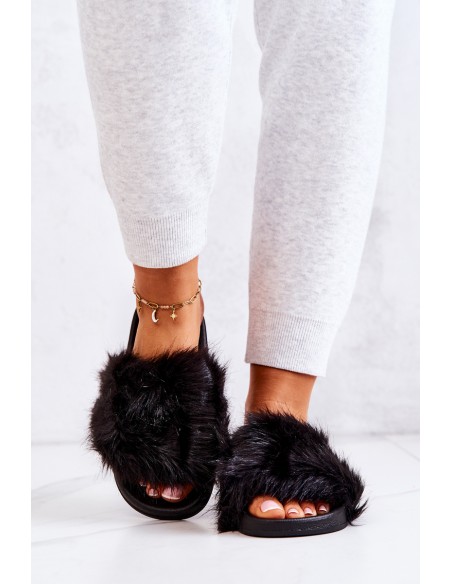 Slippers With Fur Rubber Black Pollie