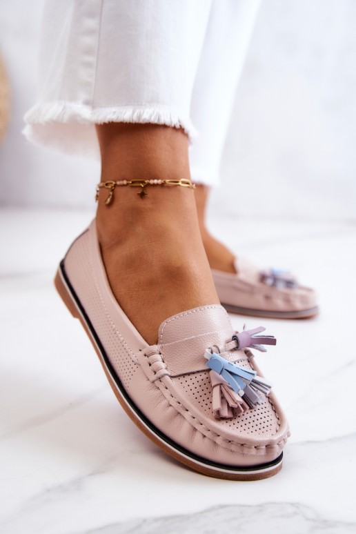 Women's Leather Loafers With Fringes Pink Laressa