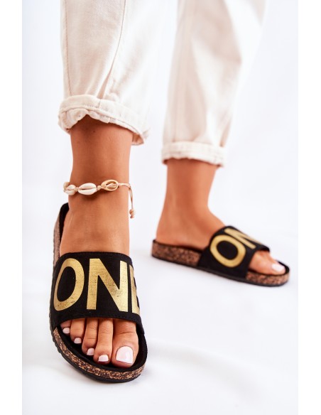 Classic Slip-On Slippers With Inscription Black and Gold Bahari