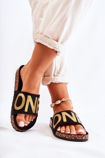 Classic Slip-On Slippers With Inscription Black and Gold Bahari 2