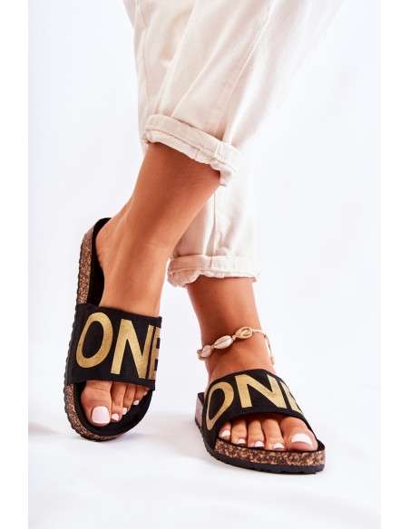 Classic Slip-On Slippers With Inscription Black and Gold Bahari