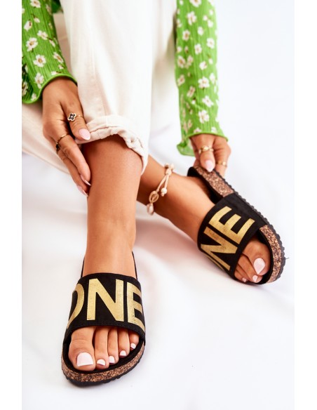 Classic Slip-On Slippers With Inscription Black and Gold Bahari