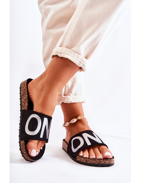 Classic Slip-On Slippers With Inscription Black and Silver Bahari