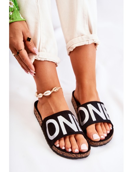 Classic Slip-On Slippers With Inscription Black and Silver Bahari