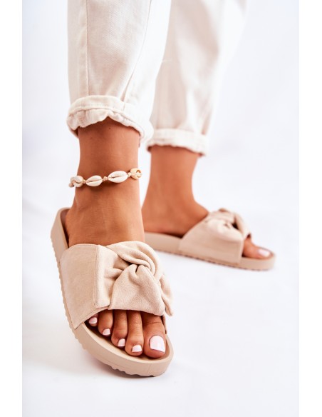 Classic Suede Slippers With A Bow Beige Hayle