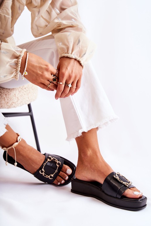 Moteriškos madingos odinės šlepetės juodos Adaline