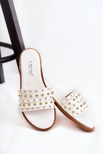 Moteriškos odinės šlepetės su dekoracija baltos Brien