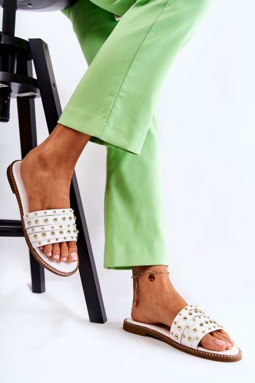 Women's Leather Slippers With Decoration White Brien