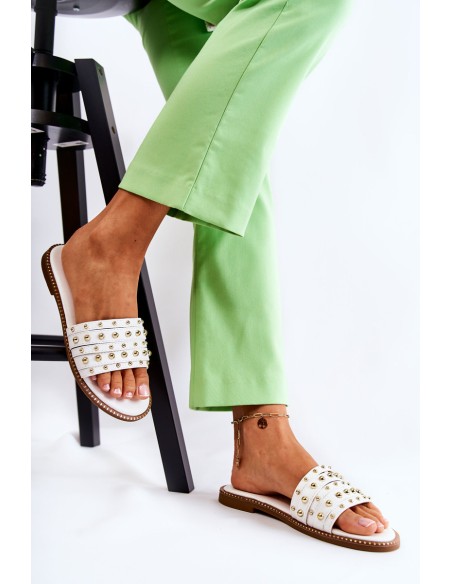 Women's Leather Slippers With Decoration White Brien