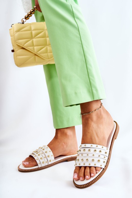 Women's Leather Slippers With Decoration White Brien