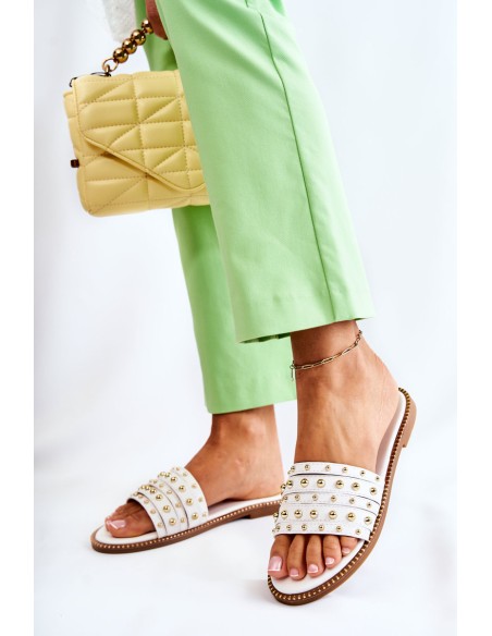 Women's Leather Slippers With Decoration White Brien