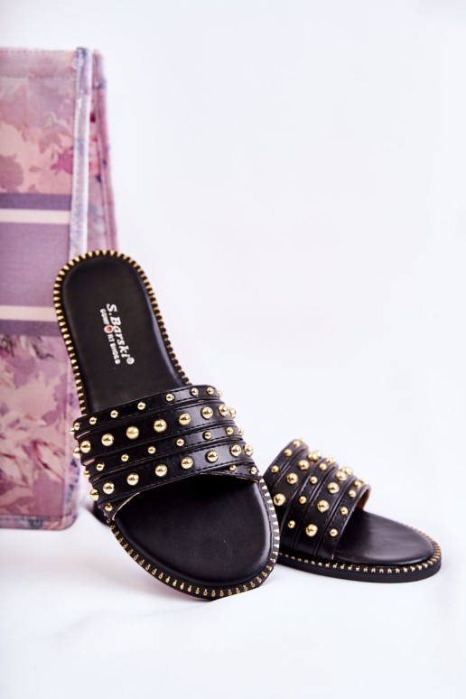 Women's Leather Slippers With Decoration Black Brien