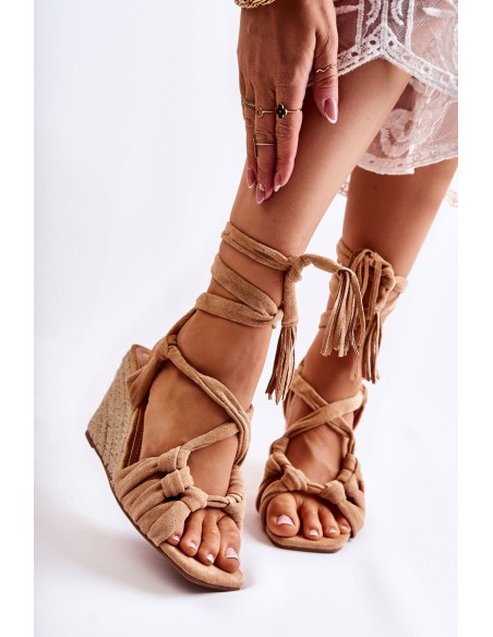 Suede Tied Wedge Sandals Beige Flavia