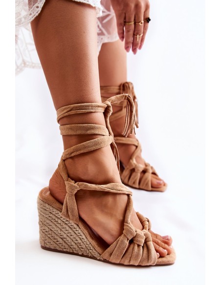 Suede Tied Wedge Sandals Beige Flavia