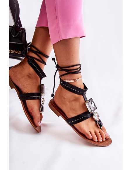 Tied Sandals With Crystals Black Shendon
