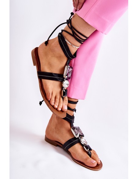 Tied Sandals With Crystals Black Shendon