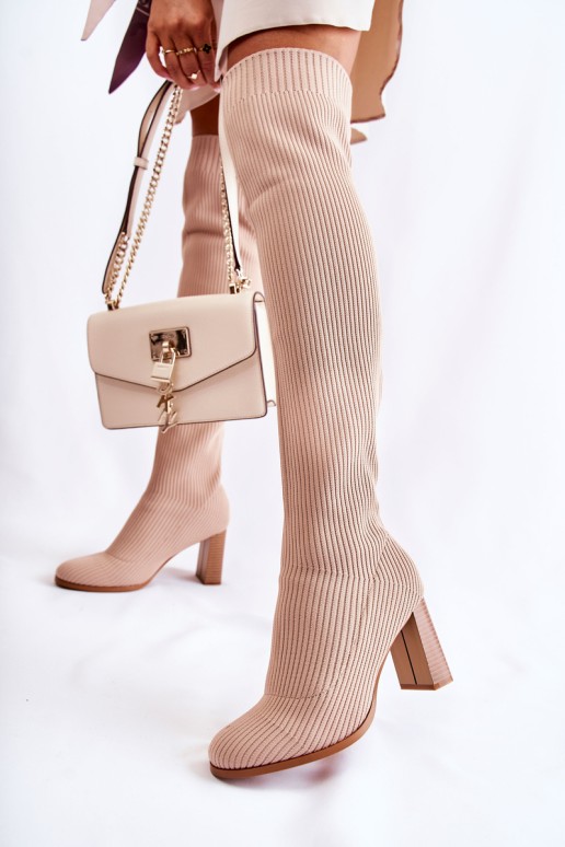 Striped Classic Boots On Heel Beige Laossi