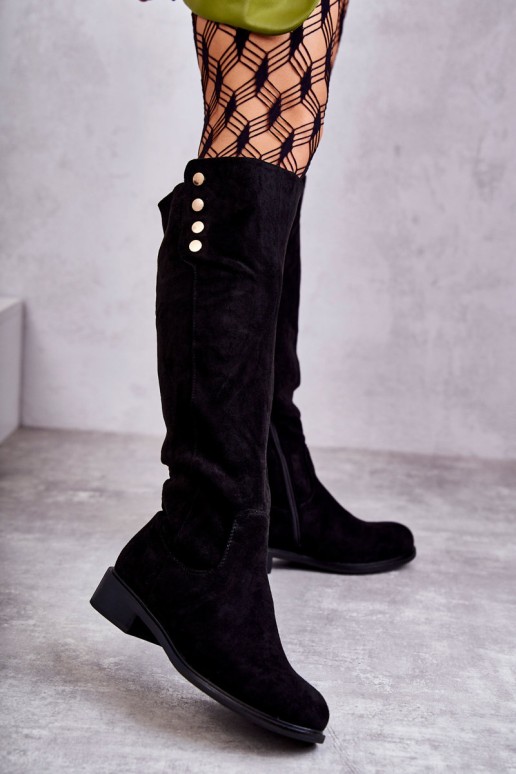 Warm Suede Flat Heel Boots Black Laura