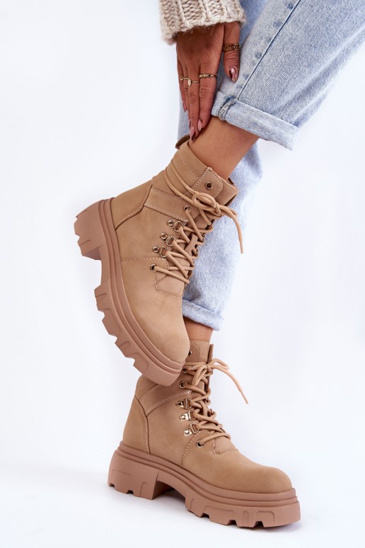 Leather Warm Lace-up Boots Beige Merisha