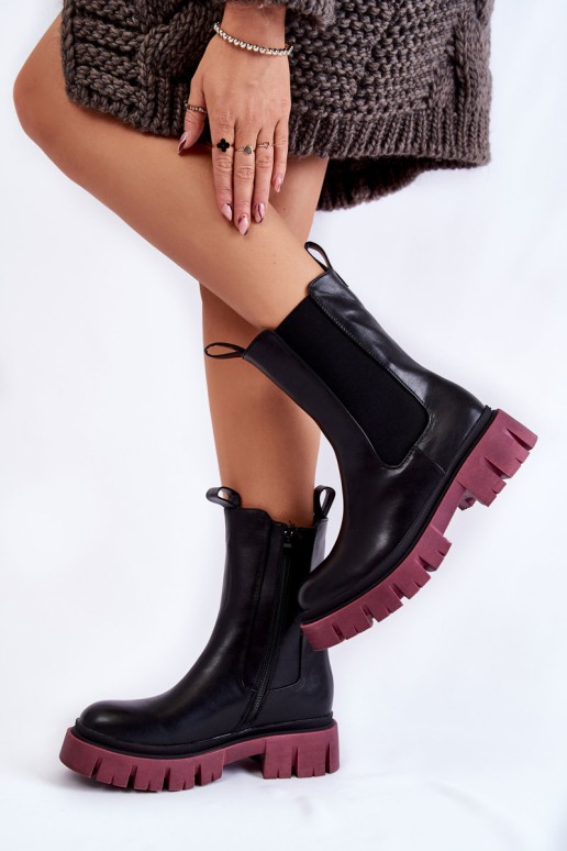 Women's Worker Boots On The Platform Black and burgundy Aliana