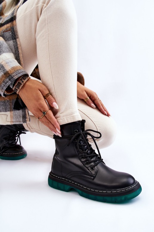 Women's Lace Up Boots With Green Sole Black Trinah