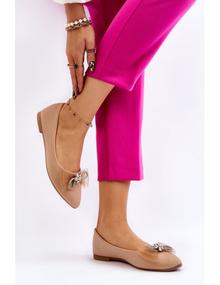Women's V-neck Ballerinas With A Decorative Bow Dark beige Luminous