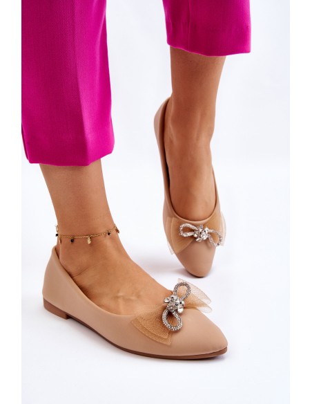 Women's V-neck Ballerinas With A Decorative Bow Dark beige Luminous