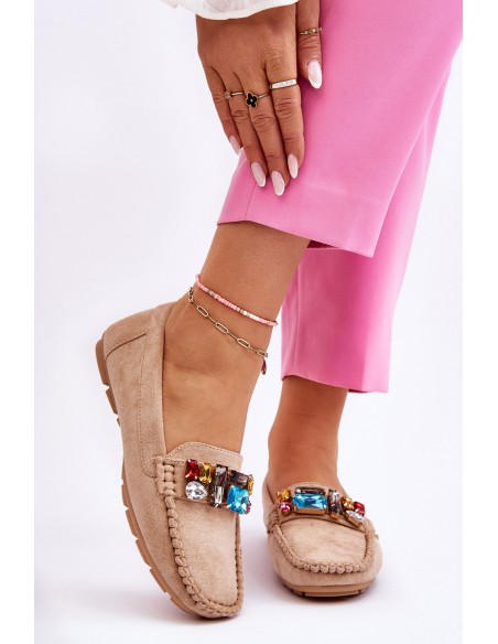 Women's Suede Loafers With Crystals Beige Lucille