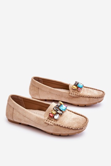 Women's Suede Loafers With Crystals Beige Lucille 2